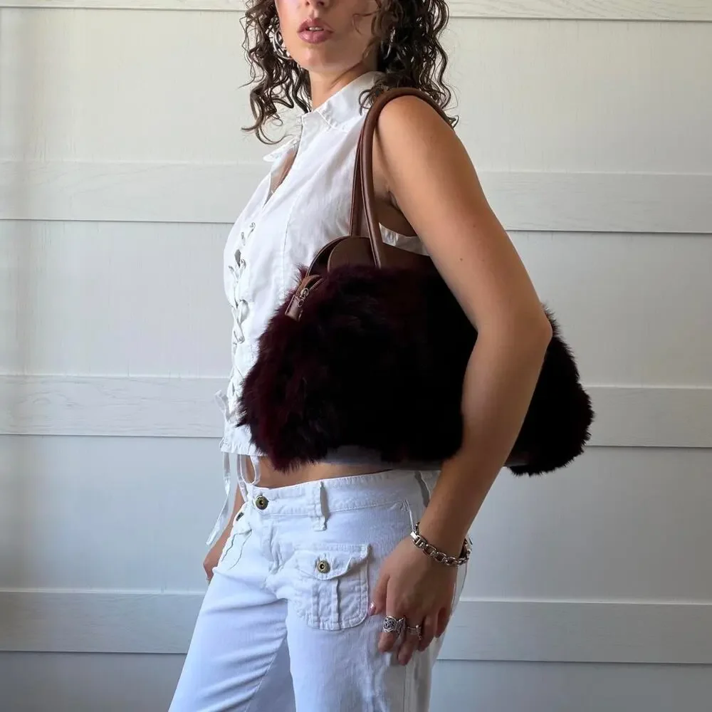 Y2k burgundy faux fur shoulder